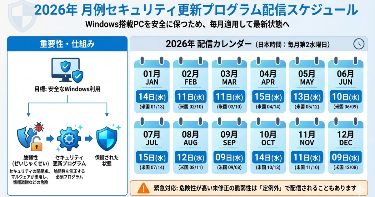 2026年 月例セキュリティ更新プログラム配信スケジュール